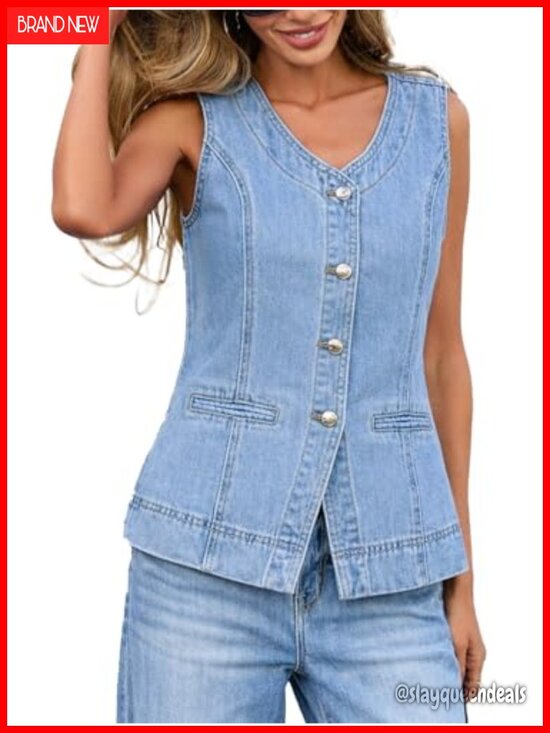 Jackets & Blazers - Womens Denim Vest Sleeveless Button Down V-Neck Waistcoat Suit Vest Casual